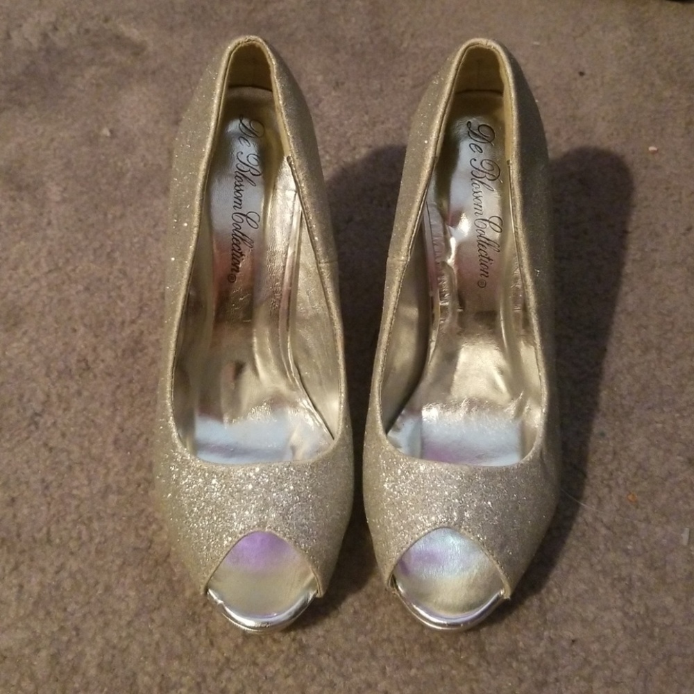 Silver glitter open toe heels